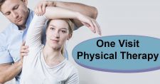 One visit physical therapy. PT specialists helping a lady with her shoulder.