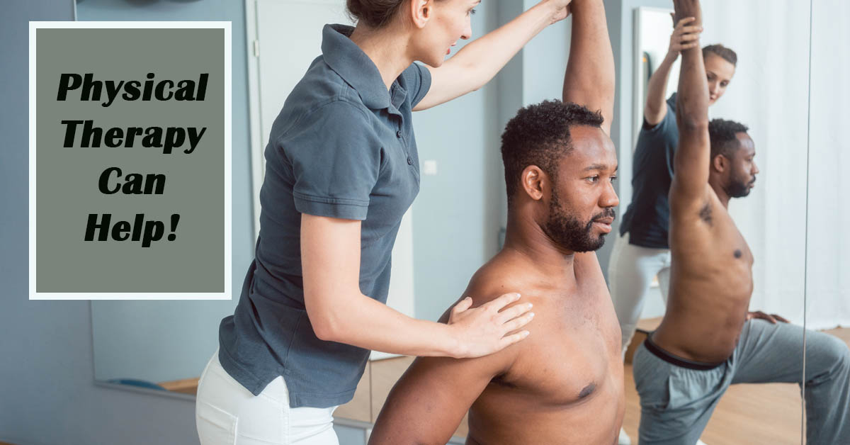 Conditions Treated by Physical Therapy. Picture of a young black male being helped with exercises, by a young caucasian female physical therapist.