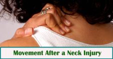 After Neck Injuries, How Soon Can You Begin Movement? Picture of a young caucasian female rubbing the back of her neck and shoulder.