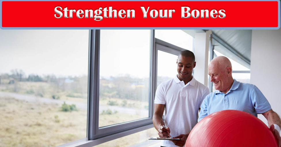 Strengthening Your Bones: The Best Exercises for Bone Health. Picture of a young black male physical therapist working with an older caucasian male with a large red exercise ball.